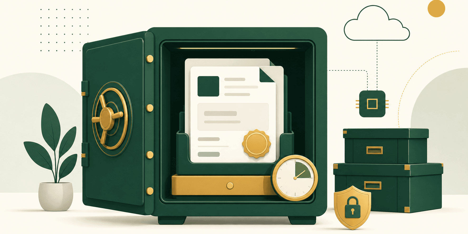 Illustrazione flat-editorial verde e oro: documento fattura elettronica archiviato in una cassaforte digitale con sigillo di firma e marca temporale, simbolo della conservazione a norma decennale.