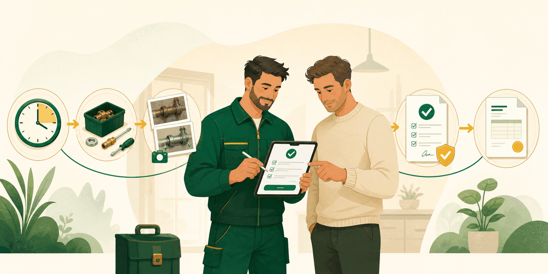 Tecnico e cliente compilano e confermano un rapportino di lavoro digitale con ore, materiali, fotografie e passaggio alla fattura.