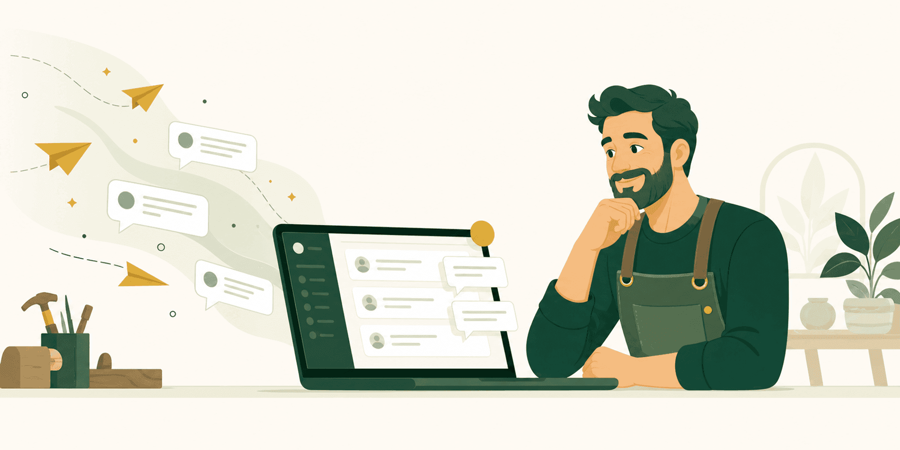 Illustrazione di un artigiano che riceve sullo smartphone una richiesta di preventivo inviata da un cliente tramite un modulo online, con la richiesta che arriva direttamente nella dashboard FaiPreventivo