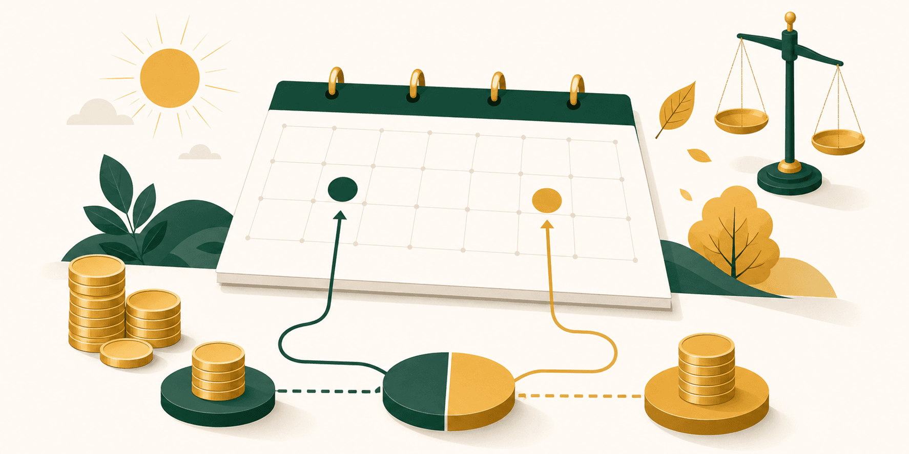 Illustrazione editoriale flat verde e oro del saldo e acconto delle imposte per partita IVA, con un calendario che segna le scadenze di giugno e novembre.