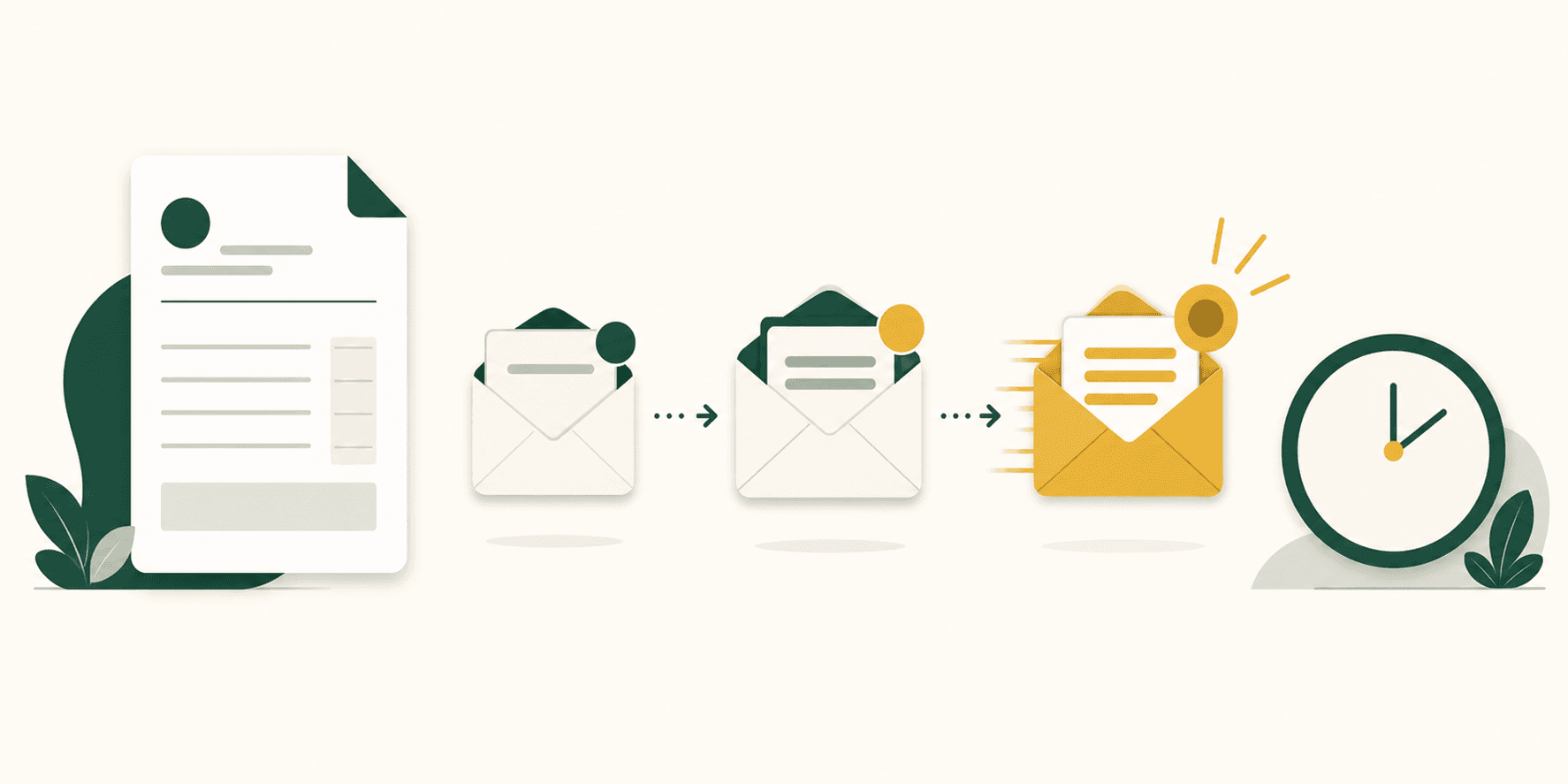 Illustrazione flat-editorial verde e oro: una fattura scaduta con timbro "SCADUTA" accanto a una busta email e a un orologio, che rappresenta il sollecito di pagamento inviato al cliente.