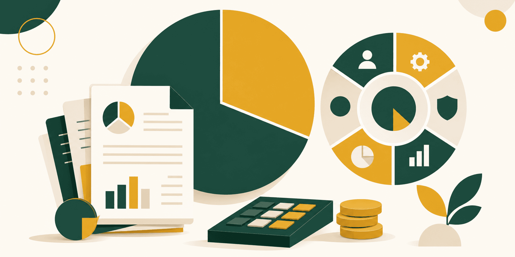 Illustrazione editoriale flat in verde e oro che rappresenta il calcolo del reddito forfettario tramite coefficiente di redditività, con documenti fiscali e percentuali.