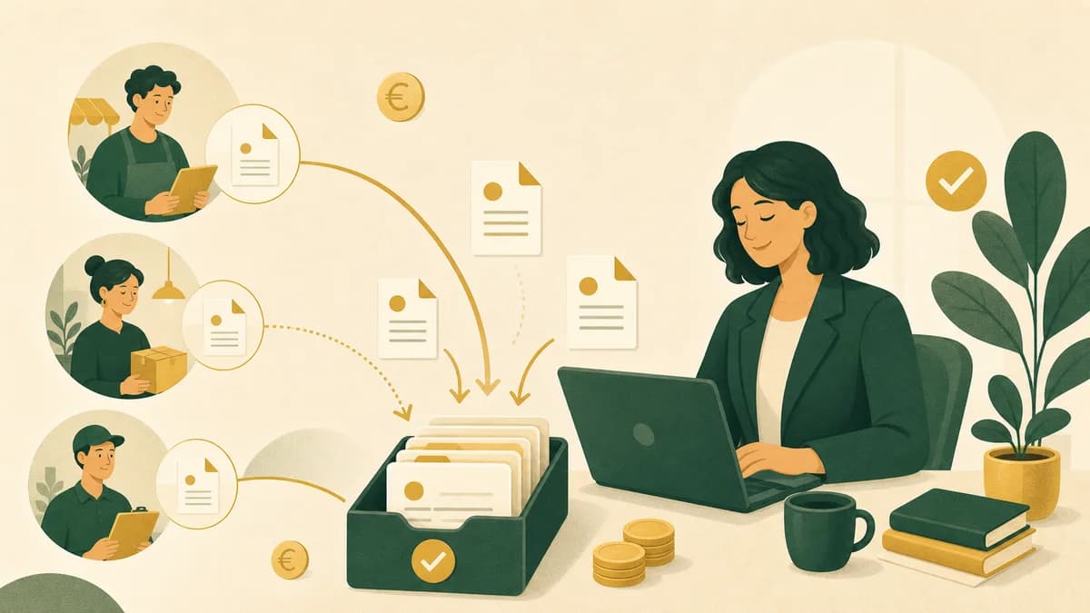 Commercialista che riceve in un'unica casella ordinata le fatture elettroniche dei clienti collegati su FaiPreventivo, con export ZIP e riepilogo