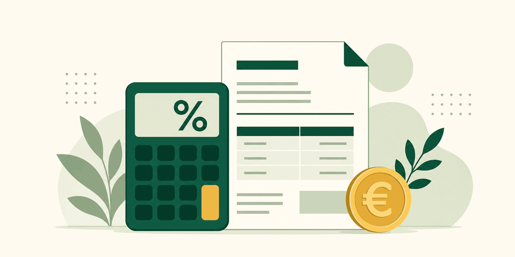 Illustrazione del calcolo dell’IVA nel preventivo: una calcolatrice con il simbolo di percentuale accanto a una fattura e a una moneta euro.
