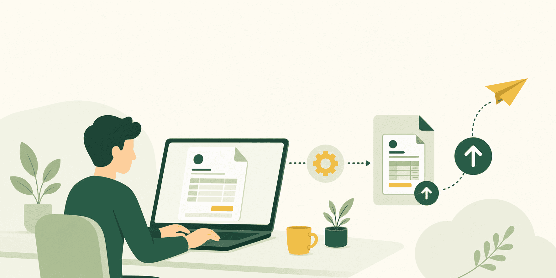 Illustrazione di come fare una fattura elettronica: una persona al laptop crea la fattura che si trasforma in un file digitale, con una freccia di invio verso il Sistema di Interscambio.