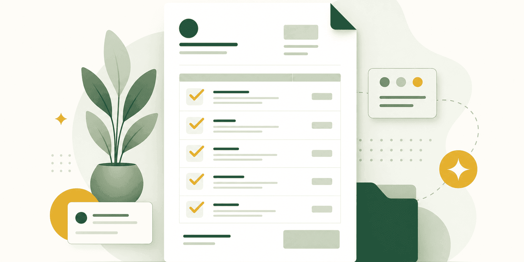 Illustrazione di come fare un preventivo professionale: un documento di preventivo curato con una checklist di elementi spuntati.