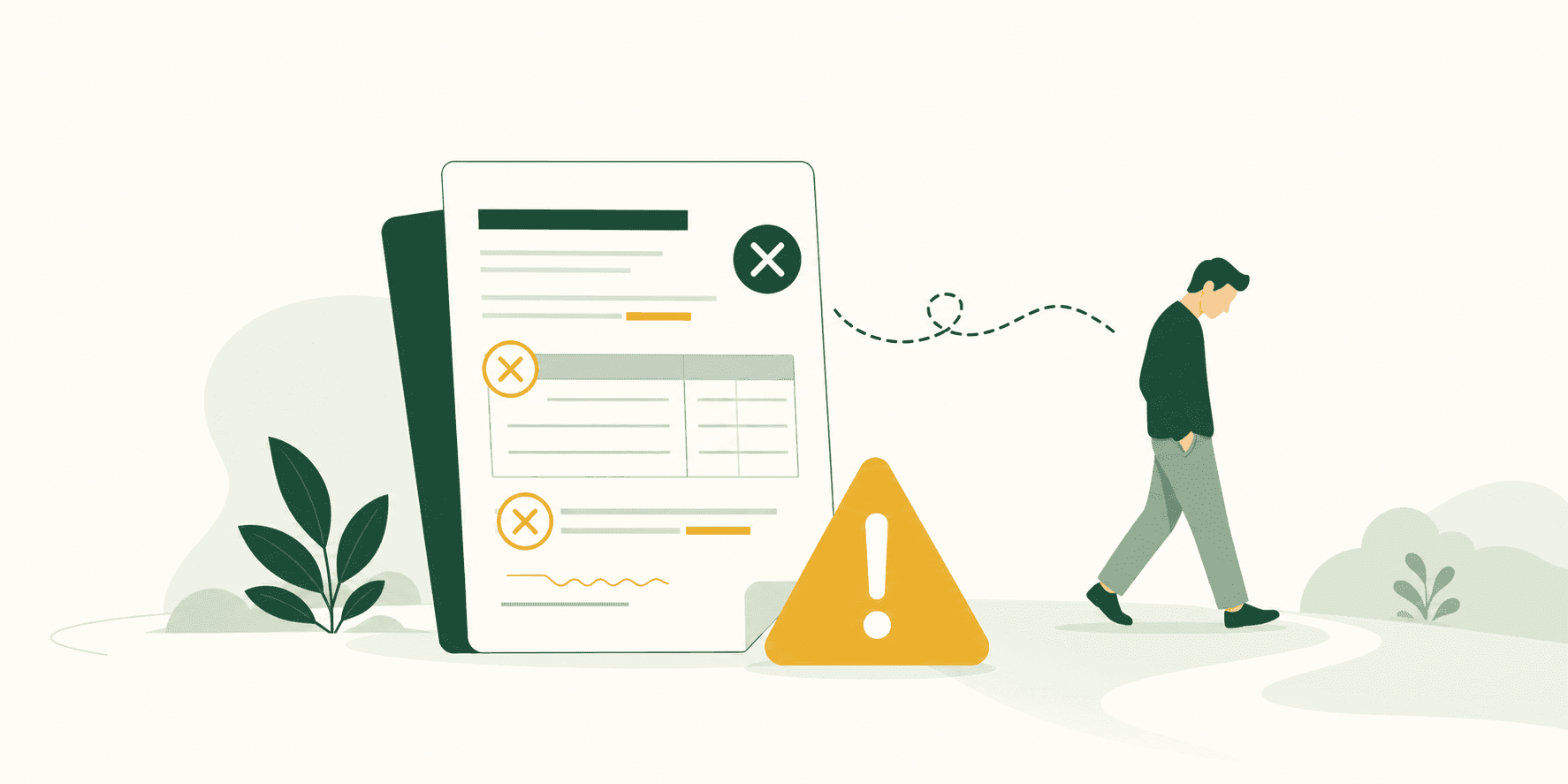 Illustrazione degli errori nel preventivo che fanno perdere clienti: un documento con un segnale di avvertimento e un cliente che si allontana.