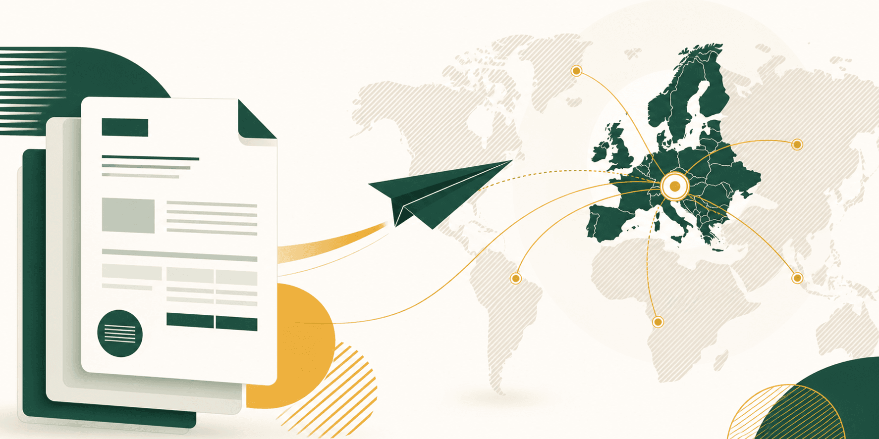 Illustrazione flat-editorial verde e oro: una fattura elettronica italiana diretta verso una mappa di Europa e mondo, con etichetta del codice destinatario XXXXXXX e il logo del Sistema di Interscambio, a rappresentare la fatturazione verso clienti esteri UE ed extra-UE.