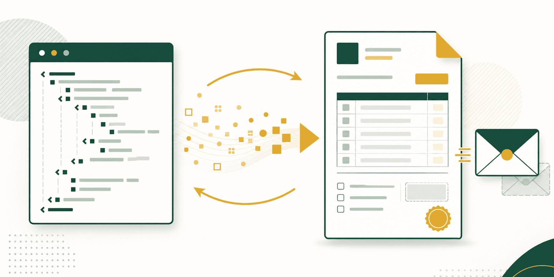 Illustrazione flat-editorial verde e oro: una fattura elettronica XML che si trasforma in una copia di cortesia PDF leggibile pronta da inviare via email al cliente.