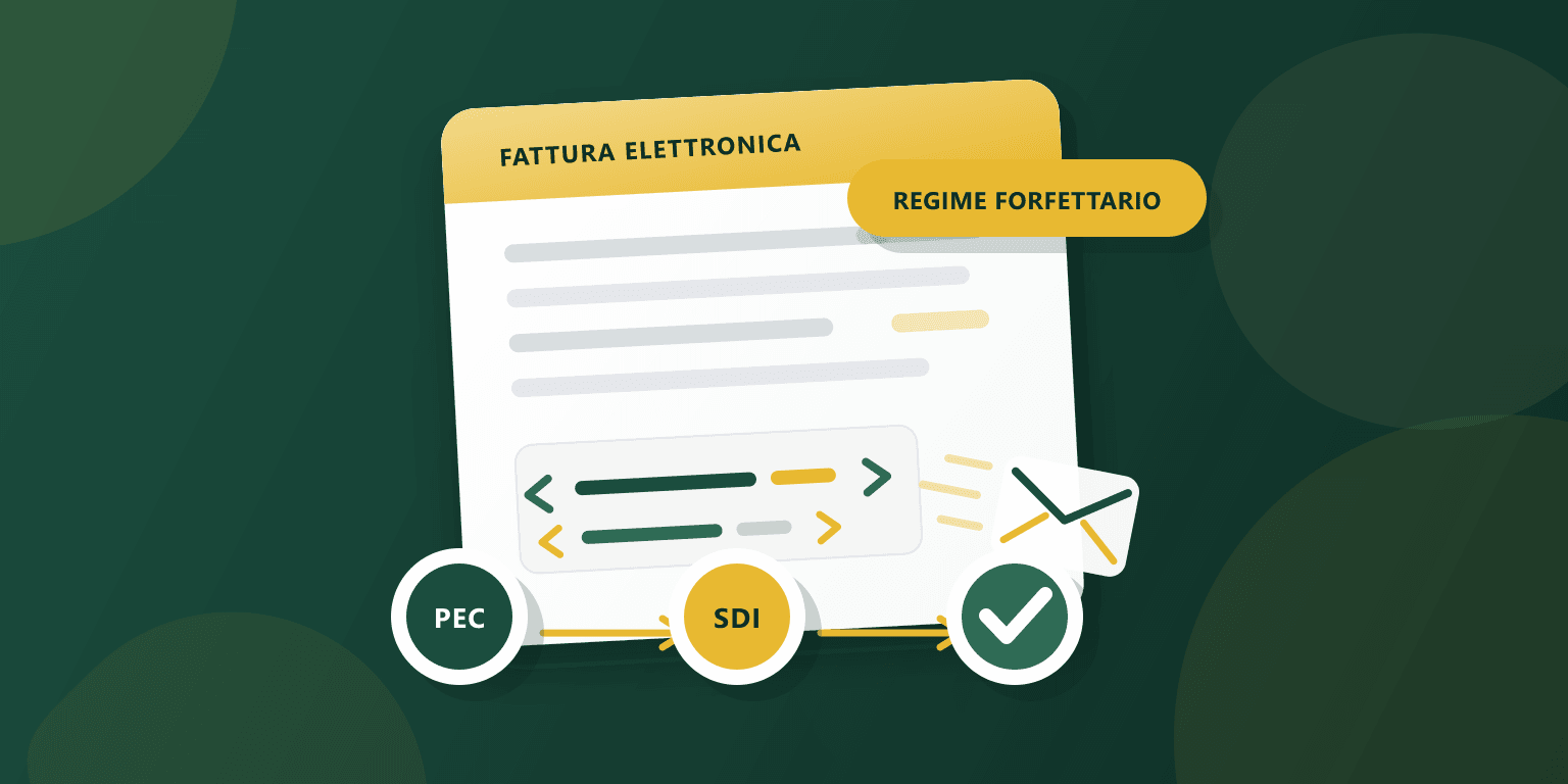 Illustrazione di una fattura elettronica in regime forfettario con badge REGIME FORFETTARIO e flusso di invio PEC, SDI e ricevuta di consegna