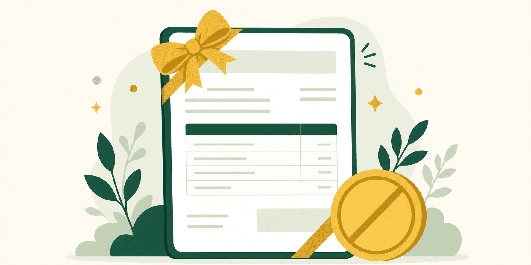 Illustrazione di una fattura elettronica gratuita: un documento di fattura con un fiocco regalo e una moneta sbarrata a indicare il costo zero.