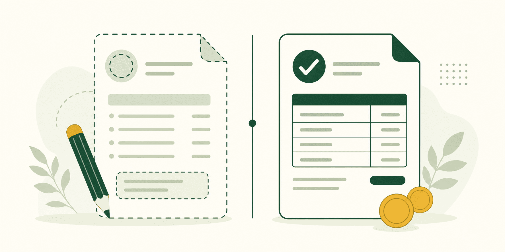 Illustrazione comparativa tra fattura e preventivo: due documenti affiancati e separati, uno di stima e uno di fattura definitiva con spunta.