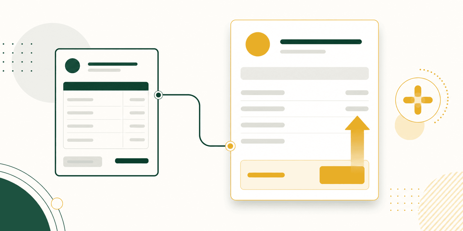 Illustrazione editoriale flat verde e oro: documento fattura con freccia in aumento e codice TD05, collegamento alla fattura originaria — nota di debito fattura elettronica.