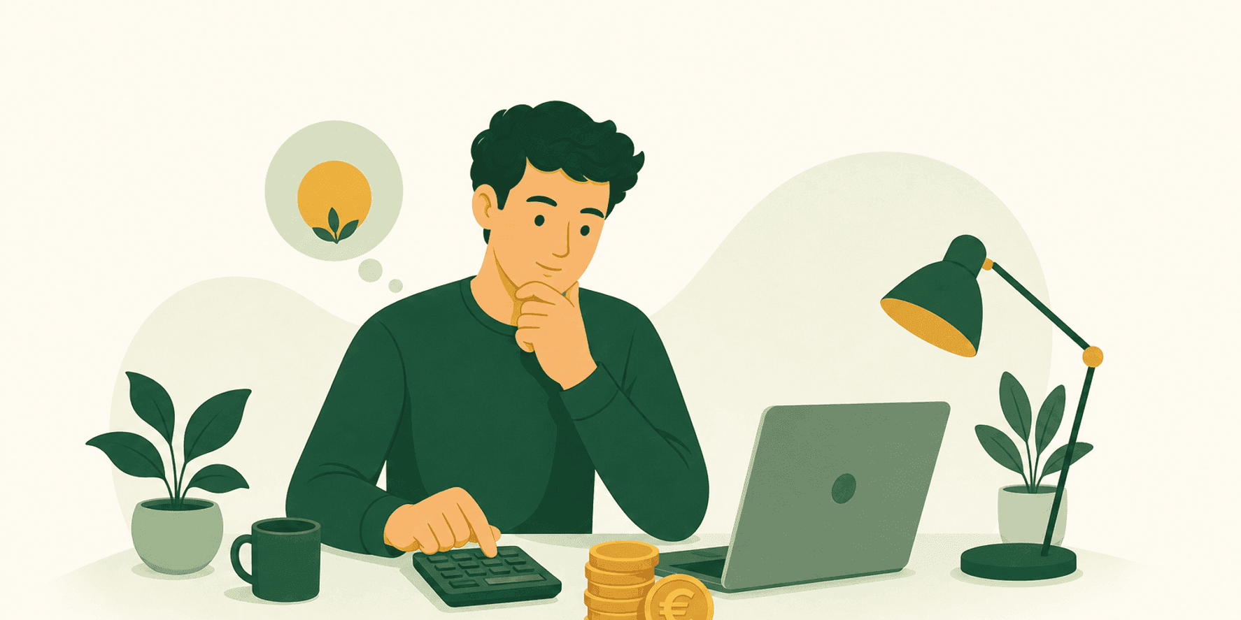 Illustrazione di un freelancer che calcola i prezzi del preventivo con calcolatrice, monete euro e laptop sulla scrivania.