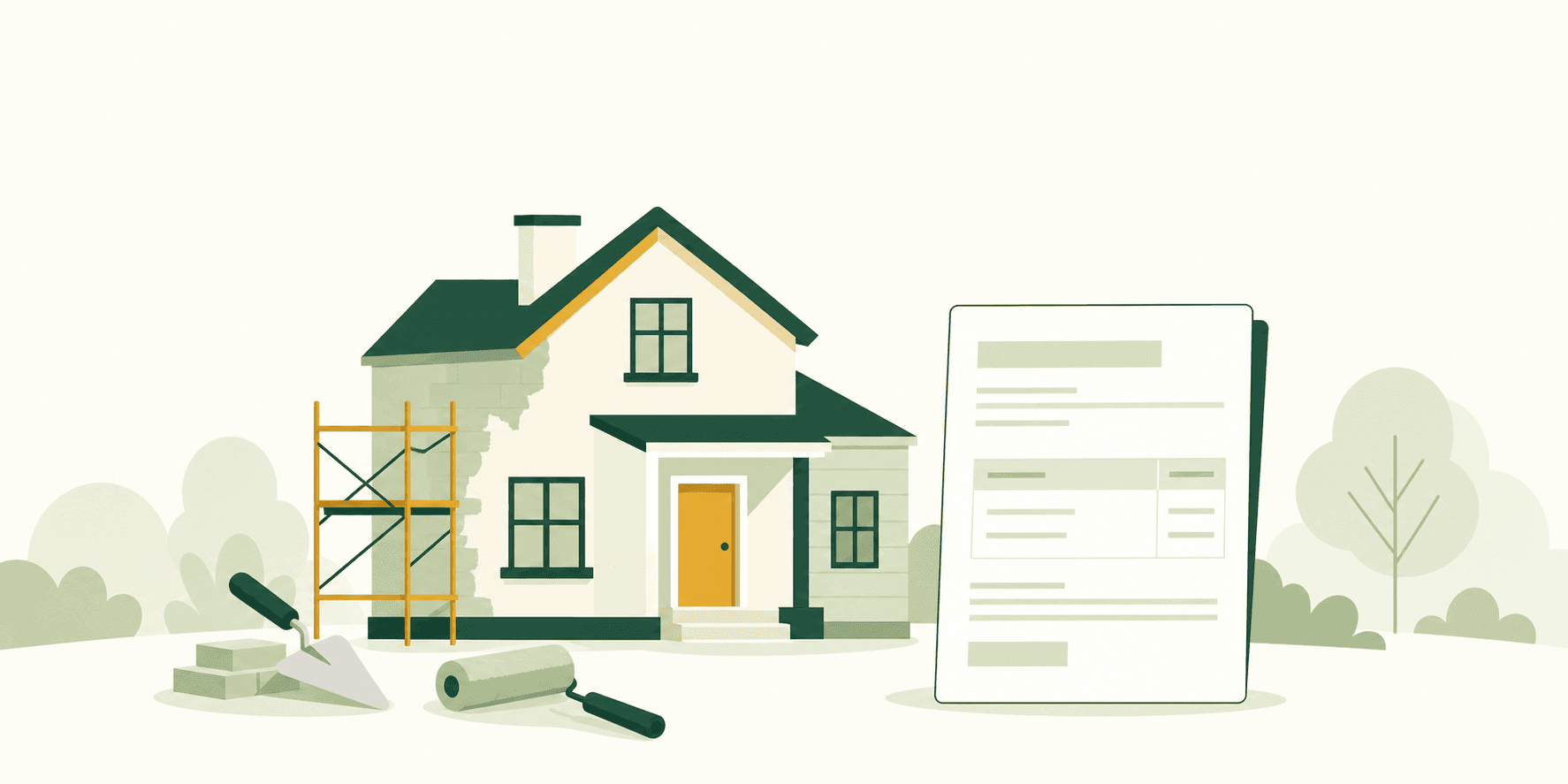 Illustrazione di un preventivo di ristrutturazione: una casa in ristrutturazione con attrezzi da lavoro e un documento di preventivo.