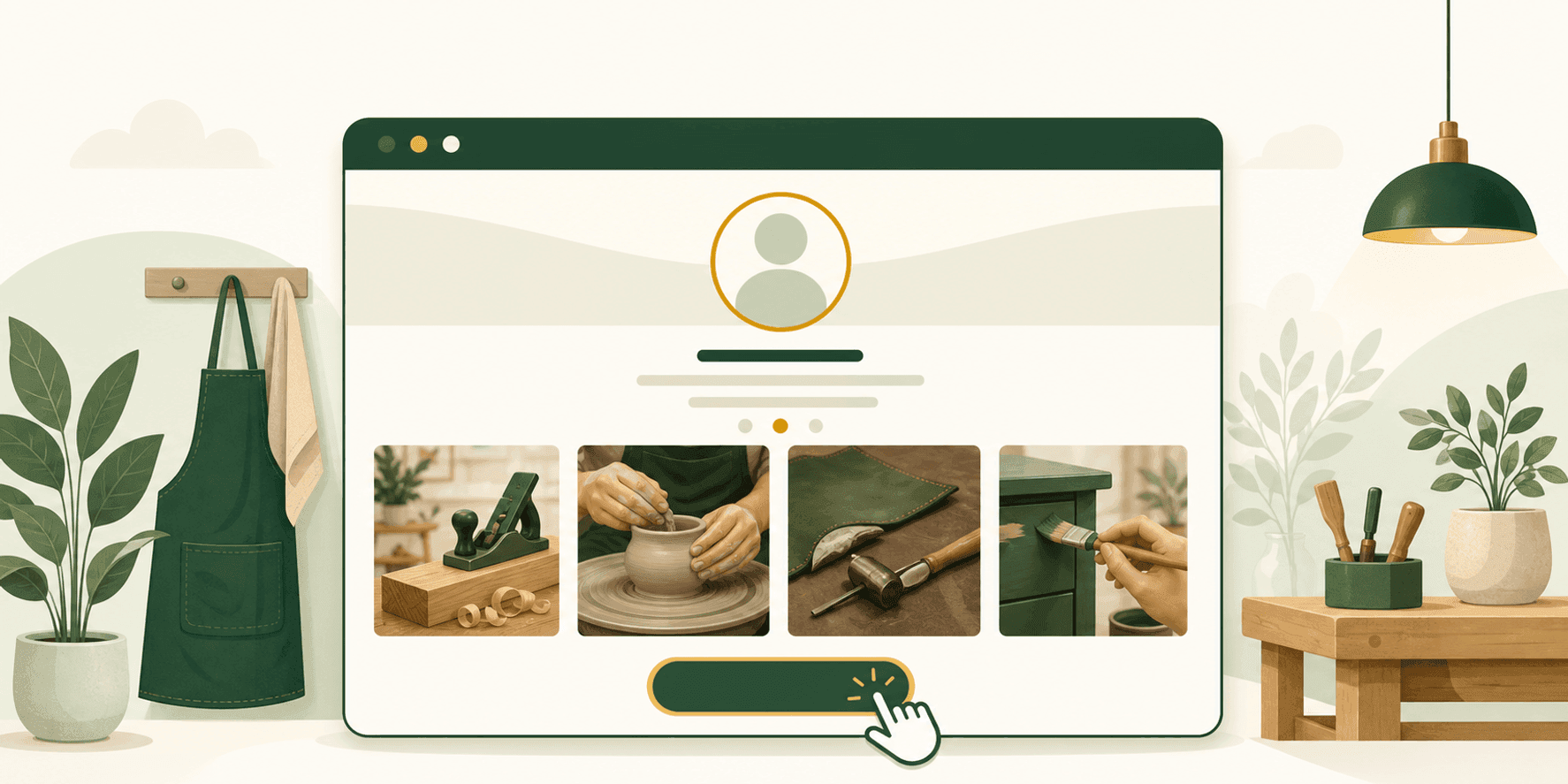 Illustrazione di un artigiano che consulta sullo smartphone la propria vetrina professionale online, con galleria fotografica dei lavori, pulsante per richiedere il preventivo e zona di attività in evidenza