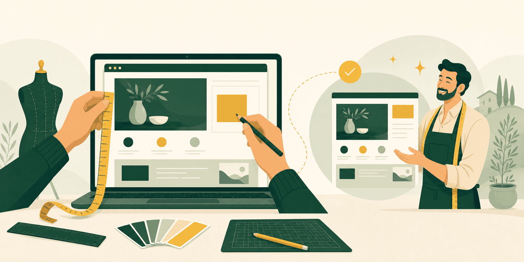 Illustrazione di un sito web su misura realizzato per un professionista: una finestra del browser con un sito personalizzato curato apposta per lui, accanto a strumenti di design come metro, righello e campioni di colore, a rappresentare un sito web fatto su misura.